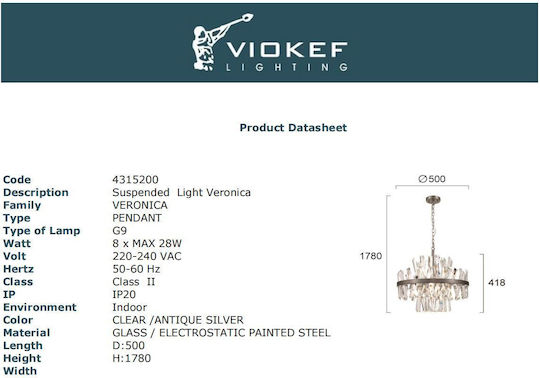 Viokef Veronica Pendant Light Silver Rail for 8 Bulbs G9 50x500x178cm