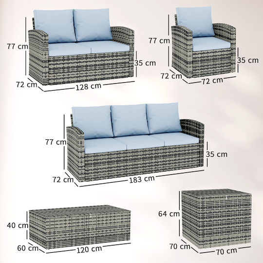 Outsunny Garten- und Outdoor-Möbelsets Wohnzimmer Typsatz 6 Stück Grau mit Kissen
