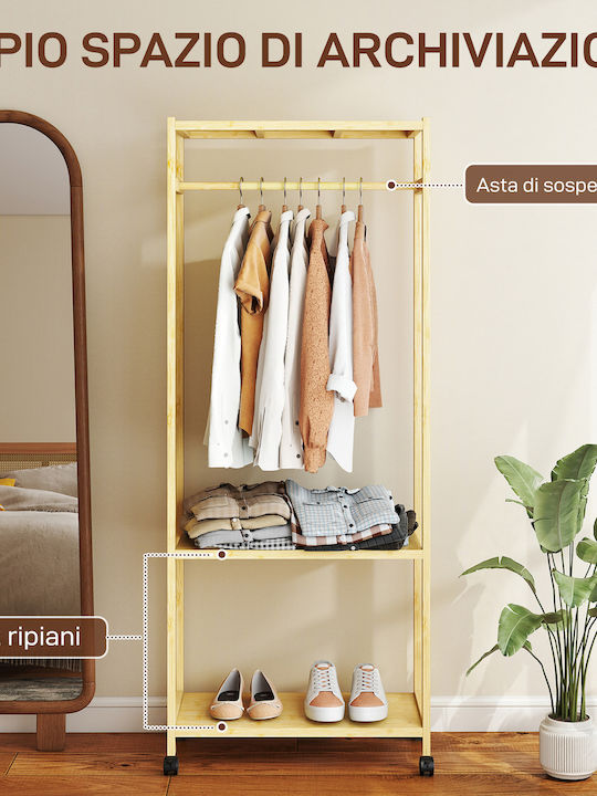 HomCom Rolling Floor Garment Rack Bamboo Beige 70x35x175cm
