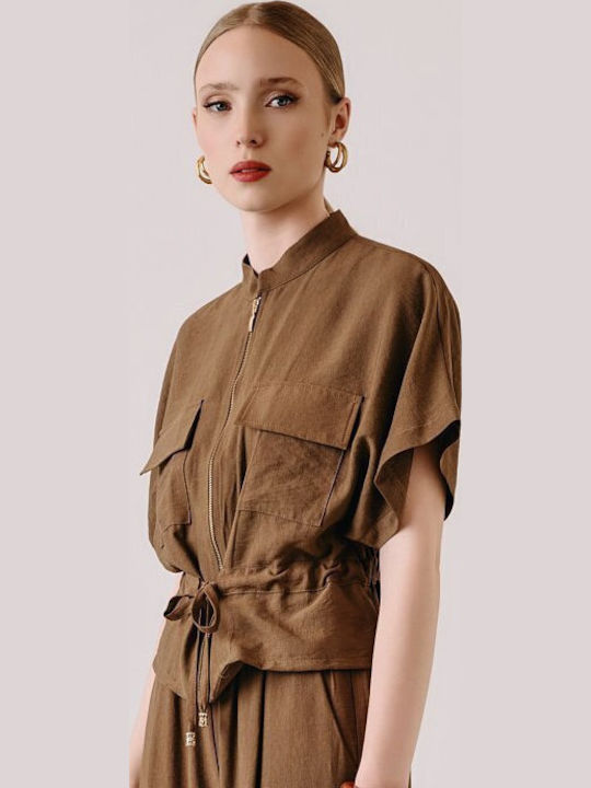Women's Brown Set with High Rise Trousers with Rubber Band in Loose Fit