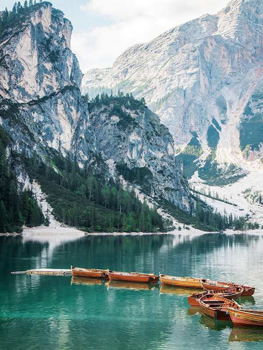 Poster Boats In Braies Lake Pst25108 40cm X 50cm Premium Black Wooden Frame