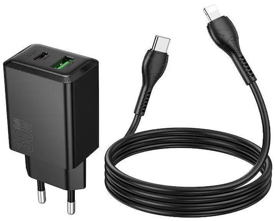 Hoco GaN Handyladegerät mit USB-A und USB-C Ausgangsanschlüssen und Kabel USB-C - Lightning 30W Stromlieferung Schwarz