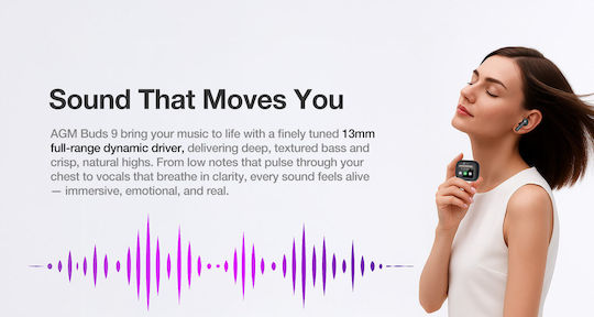 AGM Buds 9 Casti Bluetooth Handsfree cu Rezistență la Transpirație și Husă de Încărcare Negre