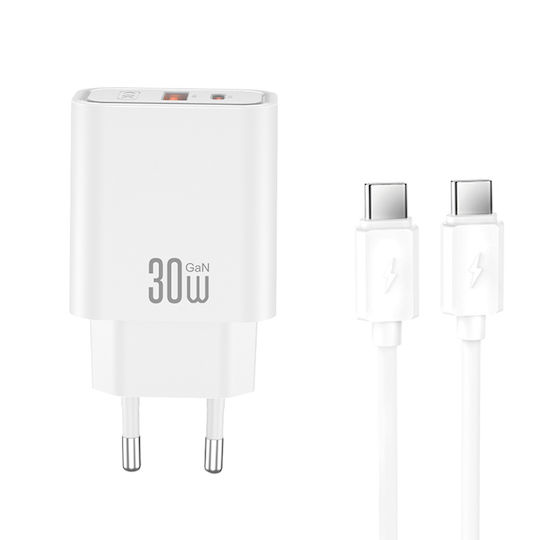 XO Зарядно GaN с USB-A и USB-C порт и кабел USB-C - USB-C 30W Quick Charge 4.0 Бял (CE42)