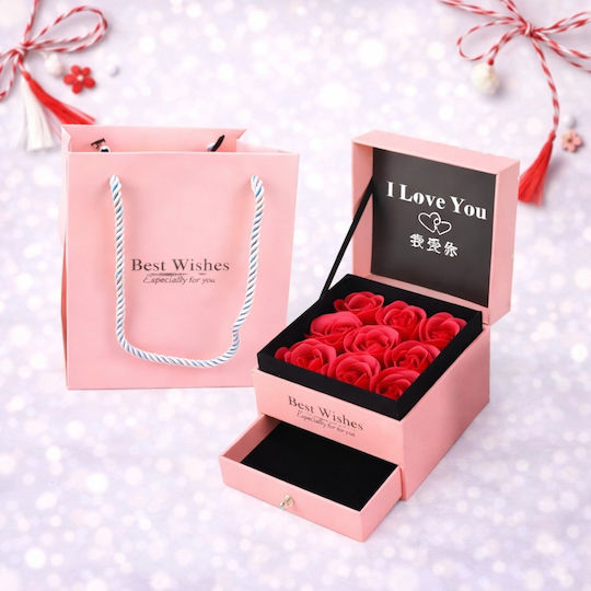 "Love Wishes" Кутия За Аксесоари С Чекмедже Нови Сапунени Рози Картичка За Поздравителни Подаръчна Чанта Розова