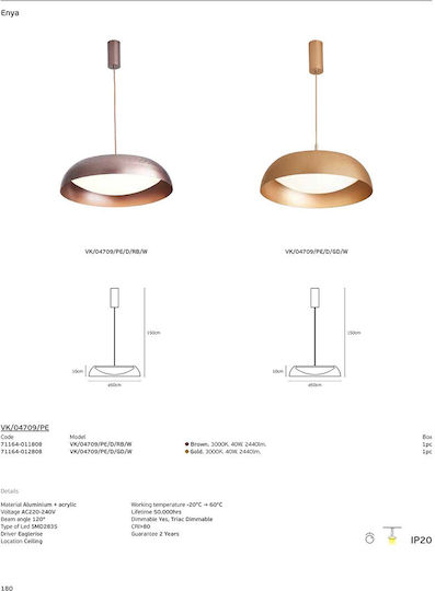 VK Lighting Lumini Suspendate Auriu LED Cu Lumină Alb Cald