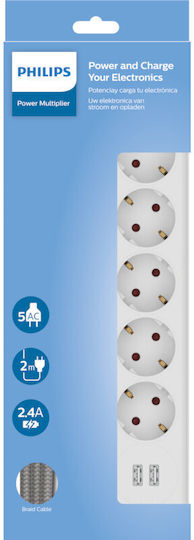 Bandă De Alimentare 5 Prize Philips Original Spn3052w/grs 2 Usb Type-A
