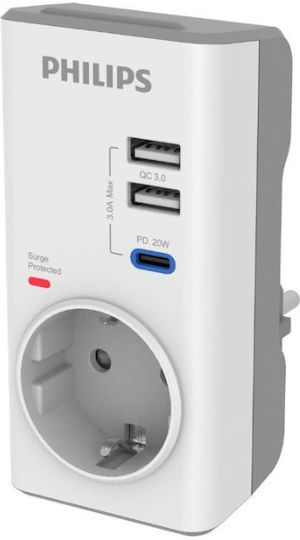 Philips Μονόπριζο Aσφαλείας με 2 USB-A και 1 USB-C