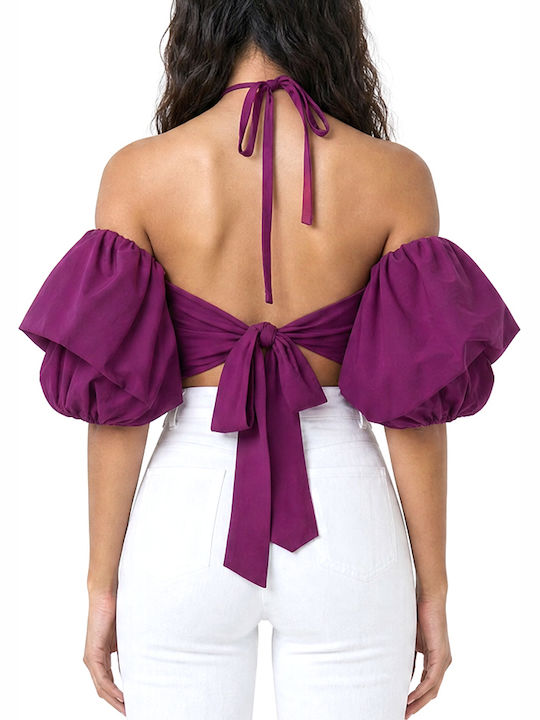 Moutaki Women's Crop Top Off-Shoulder Cotton with Tie Neck Purple