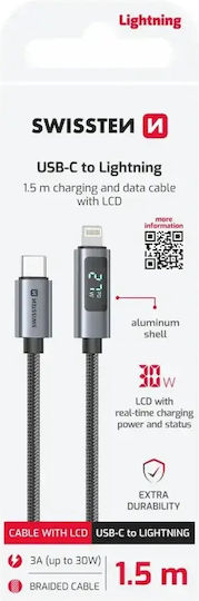 Swissten 3A Lightning to USB-C 30W Cable 1.5m LED Display Power Indicator Black