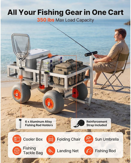 Beach Fishing Cart Vevor Load Capacity 159 Kg Fishing Trolley Heavy Duty Aluminum Alloy Frame PU Balloon Tires All Terrain 330 Mm 6 Rod Holders Outdoor Activities Camping Picnic