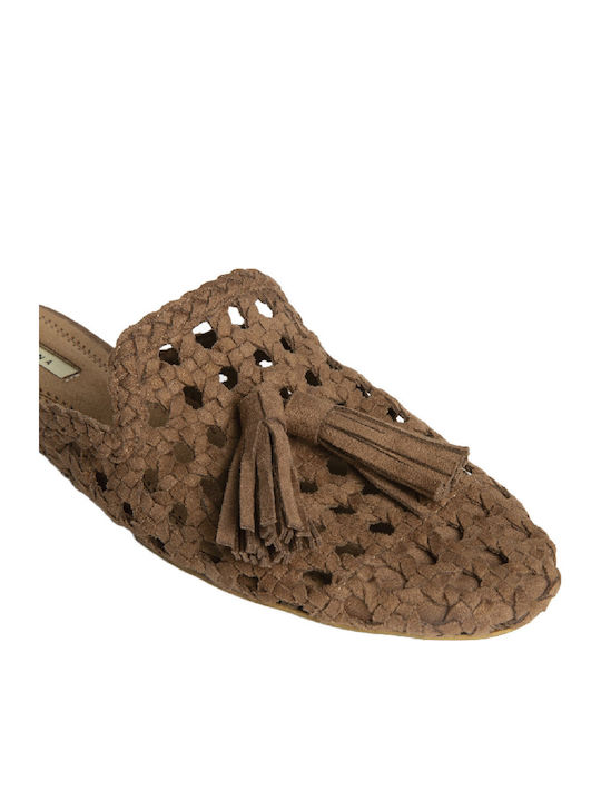 Flat Suede Mules in Brown Colour