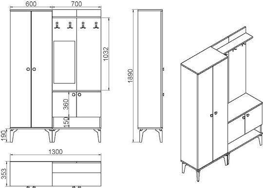 Мебел за Антре с Огледало Шкаф за Обувки и Гардероб 130x35.3x189см