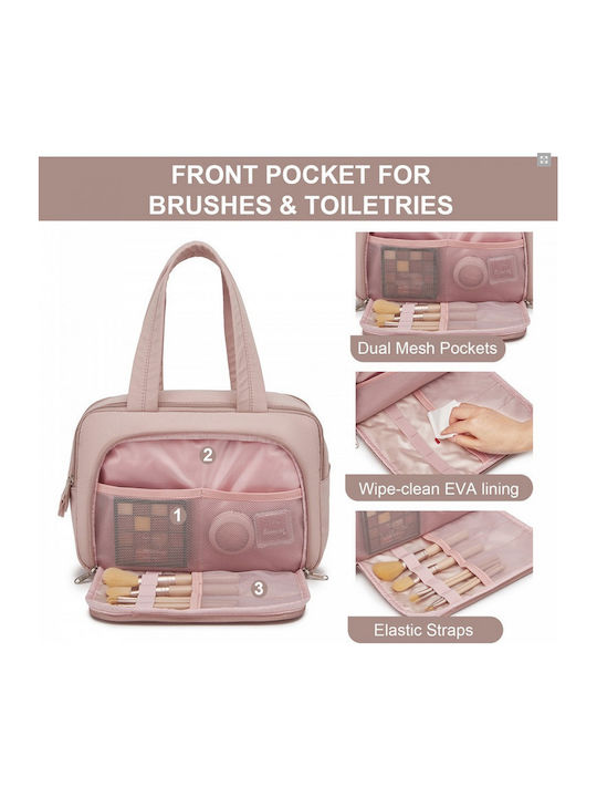 Miss Lulu Travel Quilted Toiletry Bag – Water-resistant Wet Dry Pocket Large 180° Opening Easy Access Nude