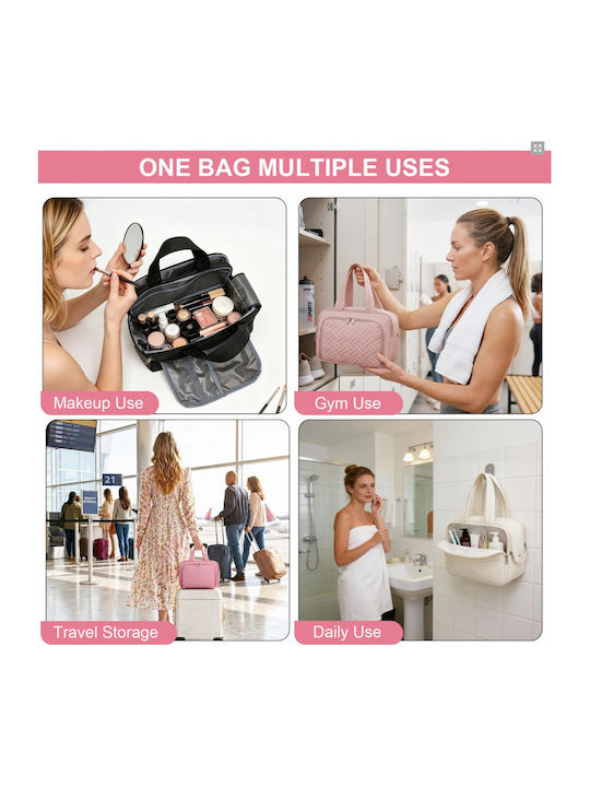 Miss Lulu Travel Quilted Toiletry Bag – Water-resistant Wet Dry Pocket Large 180° Opening Easy Access Pink
