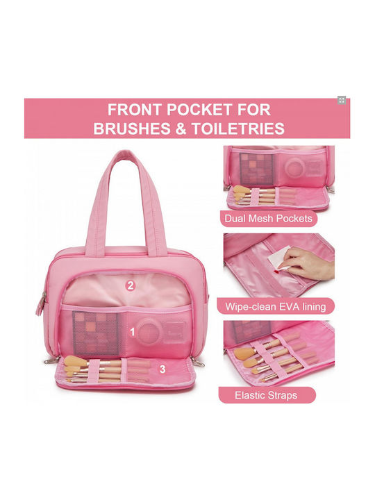 Miss Lulu Travel Quilted Toiletry Bag – Water-resistant Wet Dry Pocket Large 180° Opening Easy Access Pink