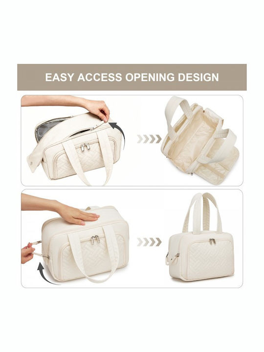 Miss Lulu Travel Quilted Toiletry Bag – Water-resistant Wet Dry Pocket Large 180° Opening Easy Access Beige