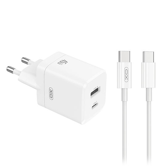 XO GaN с USB-A порт и USB-C порт и кабел USB-C - USB-C 45W Power Delivery / Quick Charge 3.0 Бял (CE36)