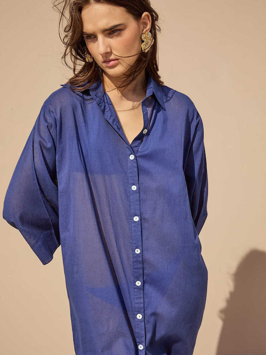 Celestino Γυναικείο Καφτάνι Πουκαμίσα Μονόχρωμο Loose Fit Σκούρο Μπλε