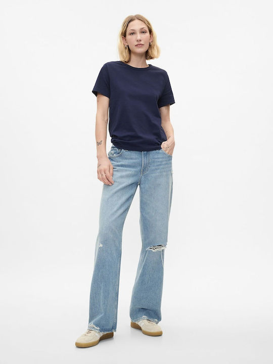 Women's Summer Blouse Cotton Short Sleeve Navy Blue