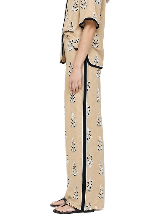Women's High Rise Cotton Pantaloons in Wide Leg Style Striped Black-Beige