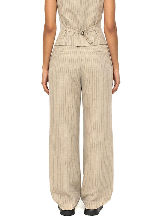 Moutaki Women's High Rise Fabric Trousers with Rubber Band in Straight Leg Striped Black-Beige Moutaki Women's High Rise Fabric Trousers with Rubber Band in Straight Leg Striped Black-Beige