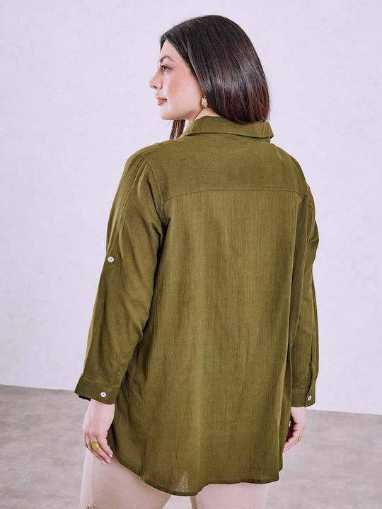 Celestino Women's Shirt Cotton Pleats Loose Fit Khaki
