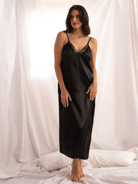 Cămașă De Noapte Maxi Din Satin Dantelată Neagră Mărime One Size Neagră
