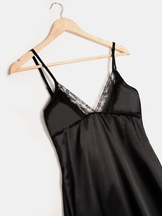 Cămașă De Noapte Maxi Din Satin Dantelată Neagră Mărime One Size Neagră