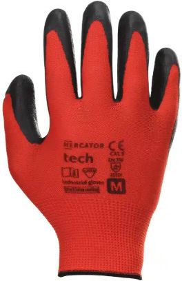 Mercator Tech Work Gloves Red Polyester Black Polyurethane Coated Size M