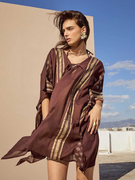 Celestino Γυναικείο Φόρεμα Καφτάνι Εμπριμέ Δέσιμο Loose Fit Καφέ