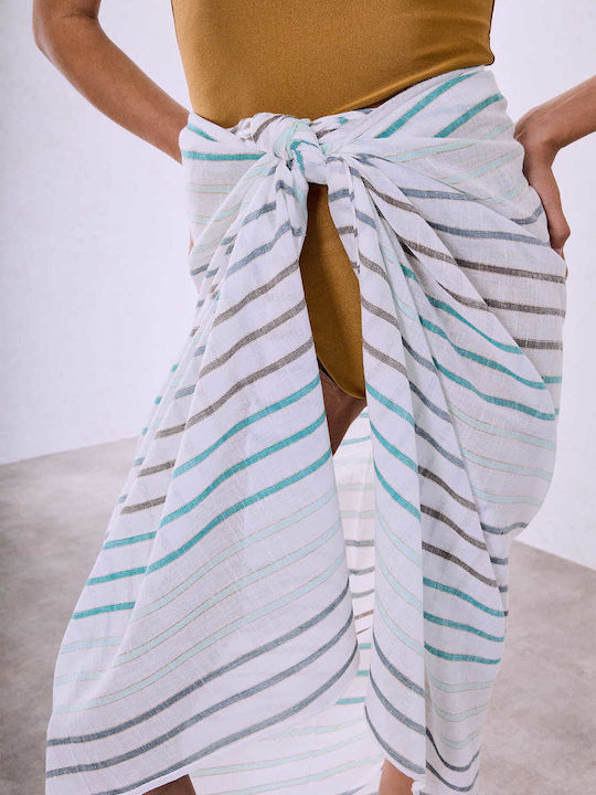 Celestino Women's Semi-Transparent Pareo Striped White Turquoise