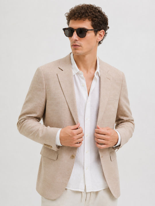 Jack & Jones Καλοκαιρινό Ανδρικό Σακάκι με Στενή Εφαρμογή Beige