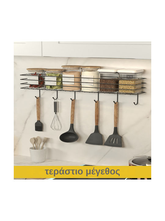 Femmit Μεταλλικό Επιτοίχιο Ράφι Κουζίνας 55×10 Cm Μαύρο Γάντζους Αυτοκόλλητη Ή Βιδωτή Τοποθέτηση