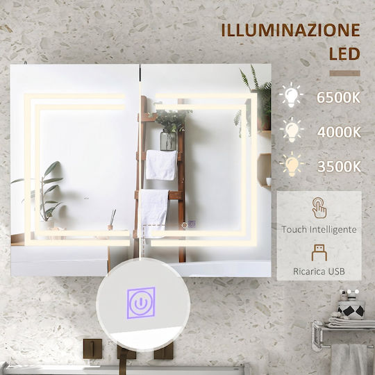 Kleankin Огледало за баня LED Touch от MDF с полица и шкаф 80x65cm Бял