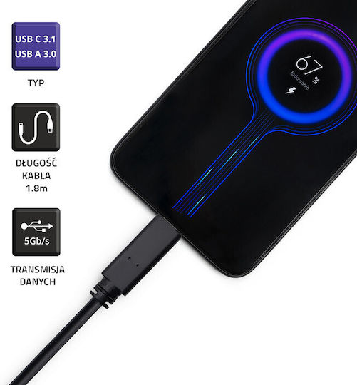 Qoltec USB 2.0 Cable USB-C male - USB-A Black 1.8m (50363)
