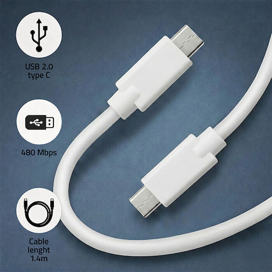 Qoltec USB 2.0 Cable USB-C male - USB-C 5W Λευκό 1.4m 52344