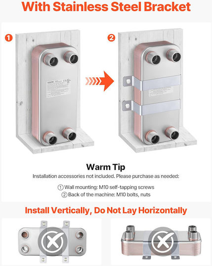 Plate Heat Exchanger Vevor 126 x 301 mm Brazed Plate Water Heat Exchanger Water 20 Plates Mounting Bracket Sturdy Construction Stainless Steel 170-330k Btu Boiler Radiant Floor Heating