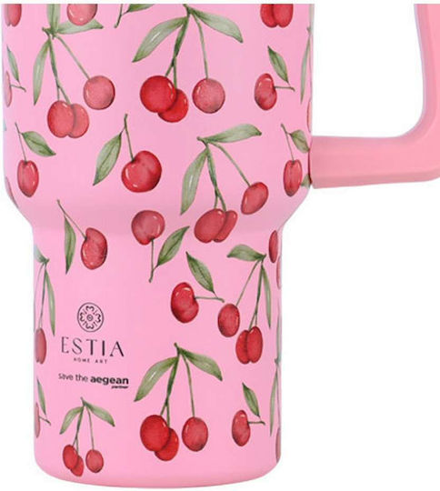 Estia Straw Tumbler XL Save the Aegean Recyclable Handled Tumbler Thermos Stainless Steel BPA Free 900ml Cherry Rose with Straw and Handle