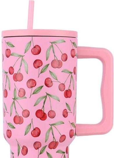 Estia Straw Tumbler XL Save the Aegean Recyclable Handled Tumbler Thermos Stainless Steel BPA Free 900ml Cherry Rose with Straw and Handle