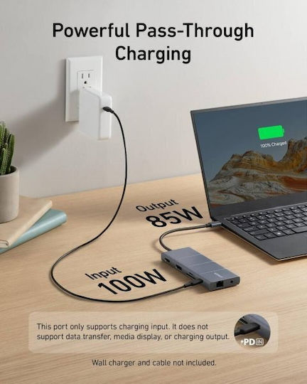 Anker 565 DisplayPort 1.4 / USB-A / USB-C Докинг станция с HDMI 4K PD Етърнет и свързване 2 монитора Сив