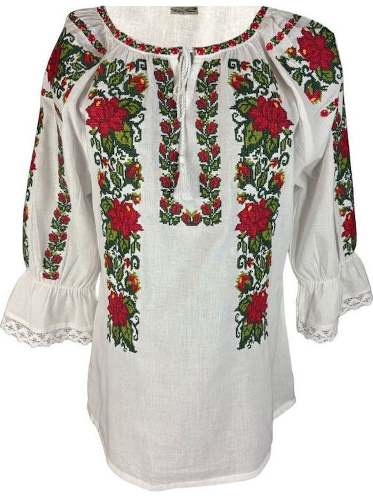 Bluza Damă Bumbac Mânecă Lungă Alb/Portocaliu