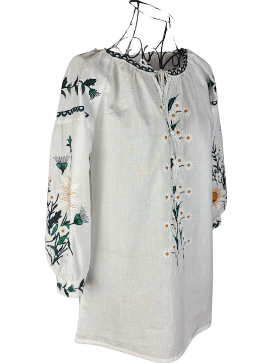 Bluza Damă Bumbac Mânecă Lungă Alb/Portocaliu