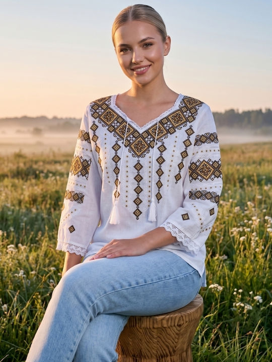 Bluza Damă Bumbac Mânecă Lungă Alb/Portocaliu