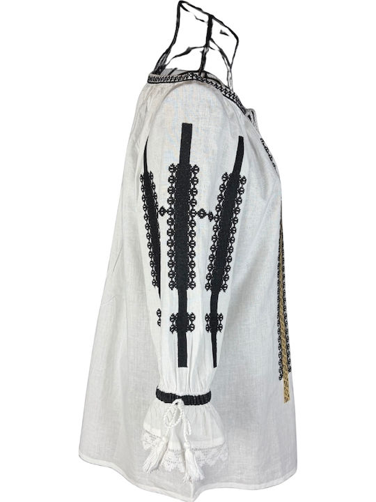 Bluza Damă Bumbac Mânecă Lungă Alb/Portocaliu