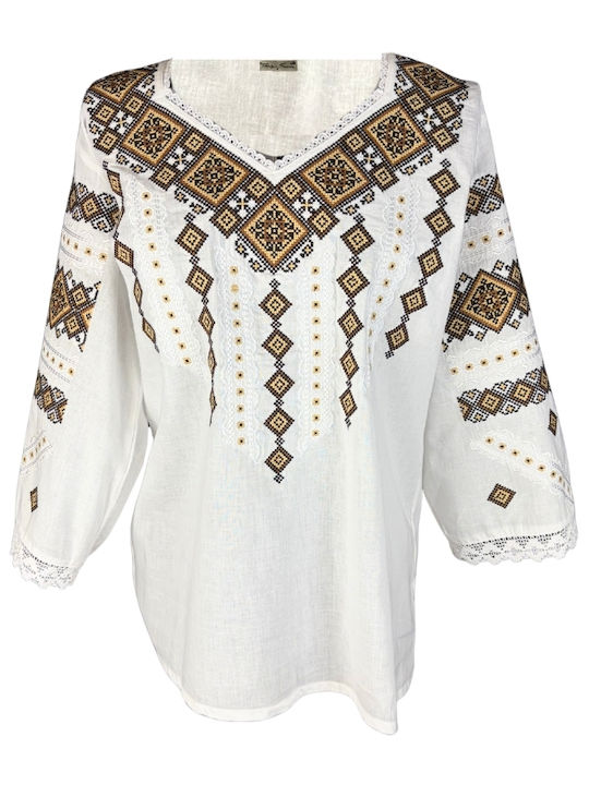 Bluza Damă Bumbac Mânecă Lungă Alb/Portocaliu