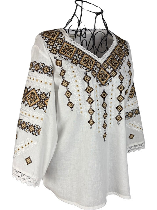 Bluza Damă Bumbac Mânecă Lungă Alb/Portocaliu