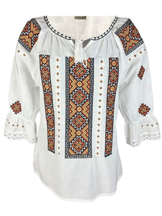 Bluza Damă Bumbac Mânecă Lungă Alb/Portocaliu