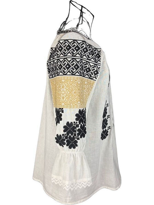 Bluza Damă Bumbac Mânecă Lungă Alb/Portocaliu