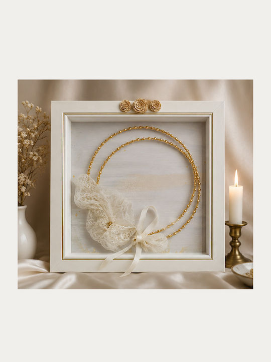 Wooden Thin White-Gold Wedding Crown Case Ceramic Roses 30x30 Cm Glass